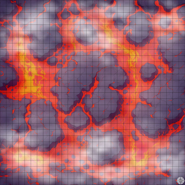 red lava lake with large central island battle map with Mist