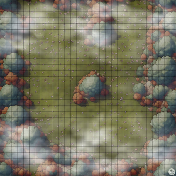 leafy autumn meadow clearing battle map Night time with Mist