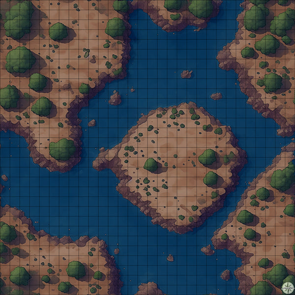desert lake with central island battle map at Night time