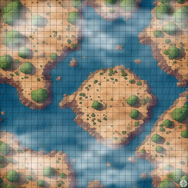 desert lake with central island battle map with Mist and Rain