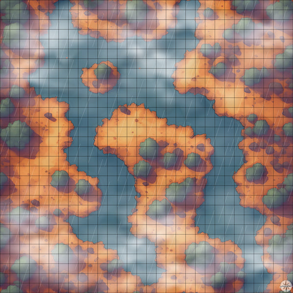 Forest with Double River Crossing map with rain and mist