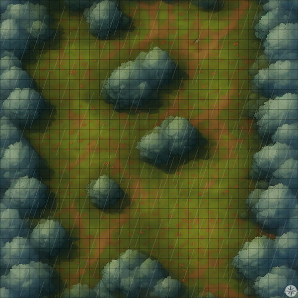 Grassy Tree-Lined Clearing map with rain