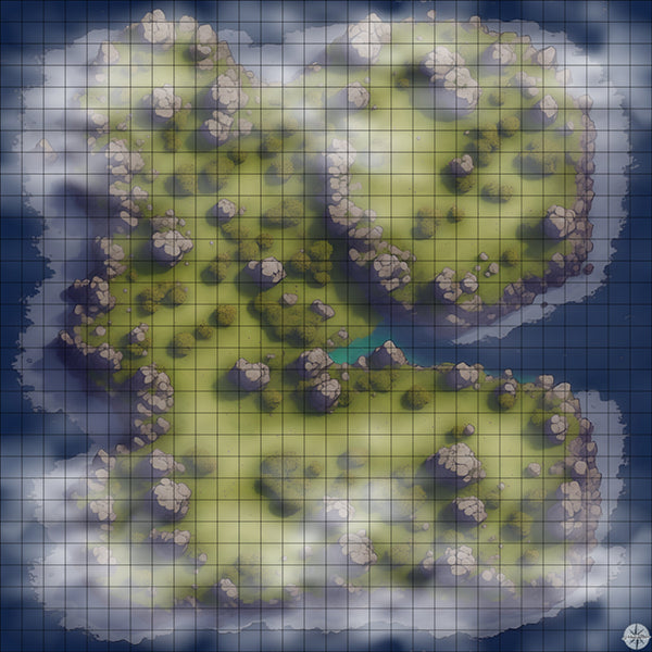 rocky forest island battle map Night time with Mist