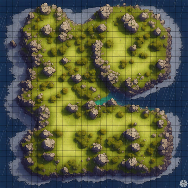 rocky forest island battle map with Rain