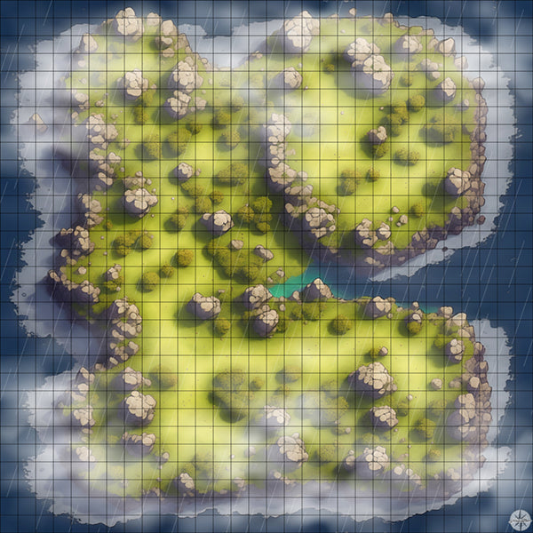 rocky forest island battle map with Mist and Rain
