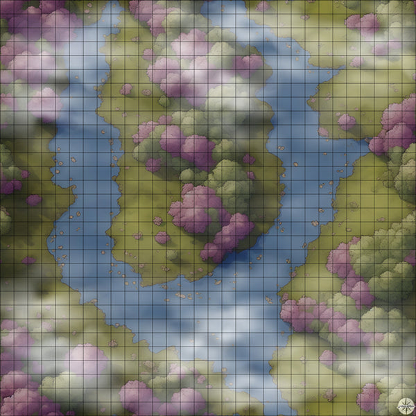 river fork with pink trees battle map Night time with Mist