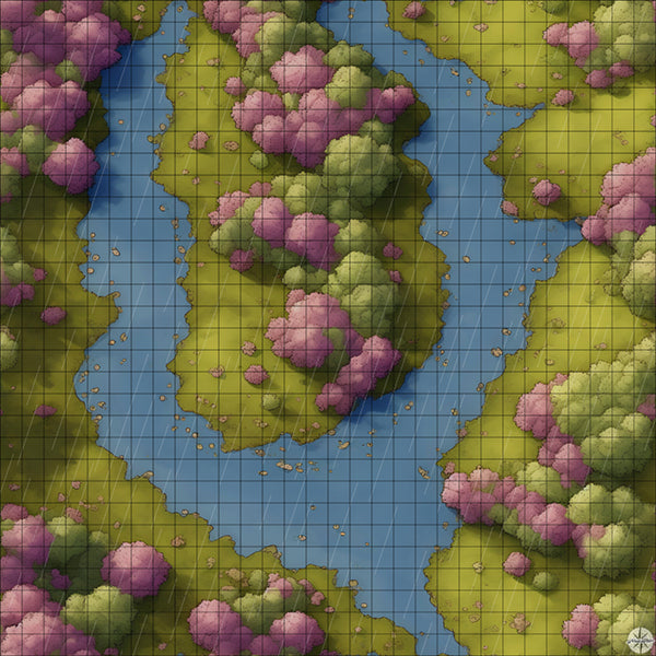river fork with pink trees battle map with Rain