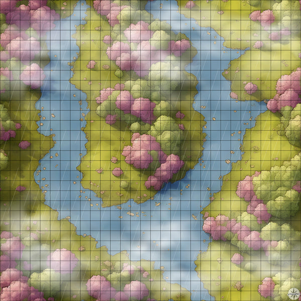 river fork with pink trees battle map with Mist and Rain