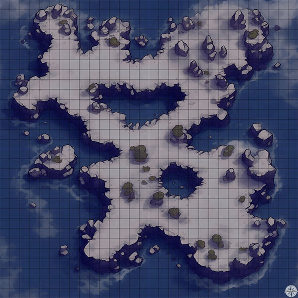 snowy rocky island with pools battle map at Night time
