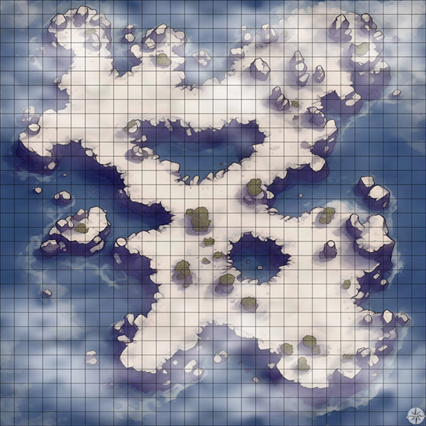 snowy rocky island with pools battle map with Mist