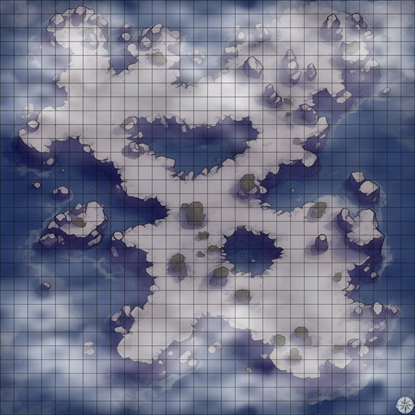 snowy rocky island with pools battle map Night time with Mist