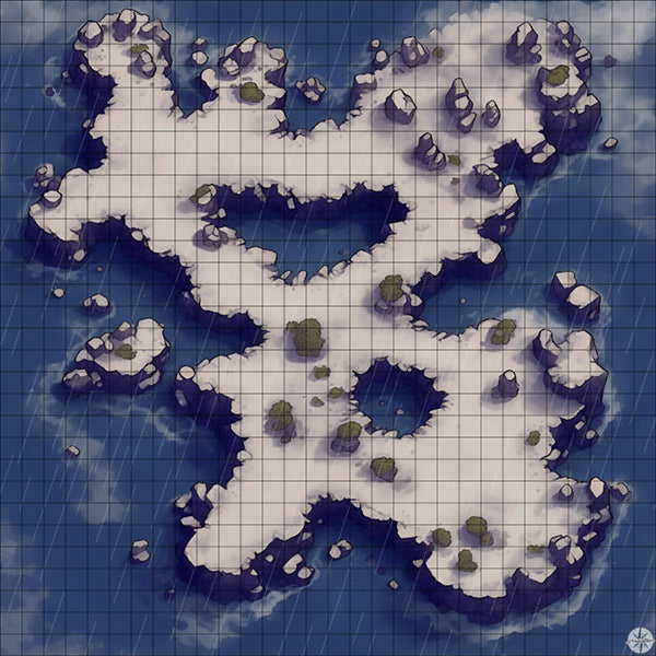 snowy rocky island with pools battle map with Rain