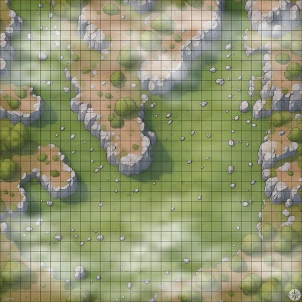 Grassy Clearing with Rocks Cliffs & Trees map with mist