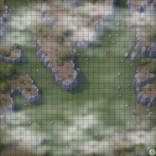 Grassy Clearing with Rocks Cliffs & Trees map night time with mist