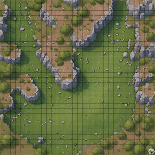 Grassy Clearing with Rocks Cliffs & Trees map with rain