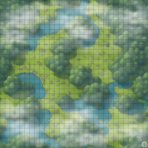 Grassy Field with Ponds and Trees map with mist
