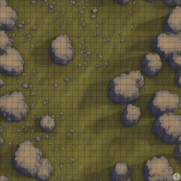 rocky grassy hillside battle map with Rain