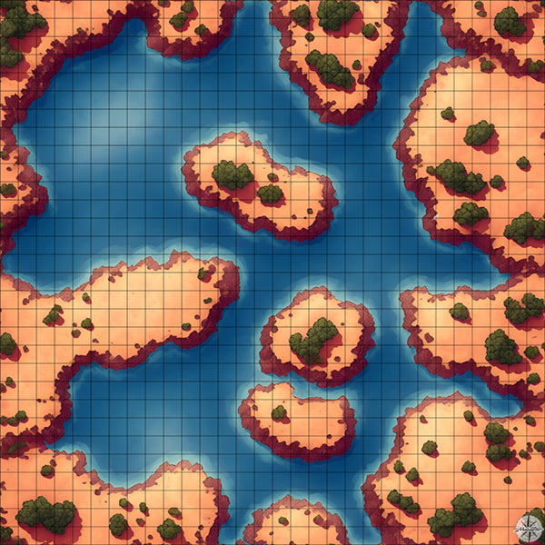 Lake with Three Desert Islands Battlemap - TTRPG Map For D&D and
