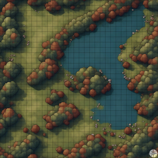 autumn forest with lake battle map at Night time