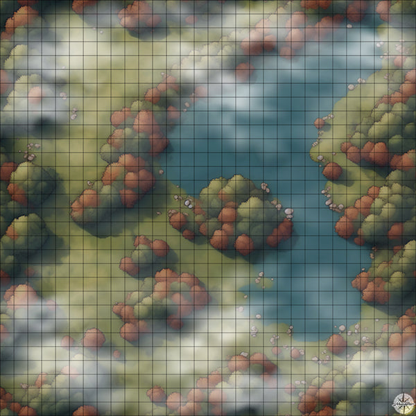 autumn forest with lake battle map Night time with Mist