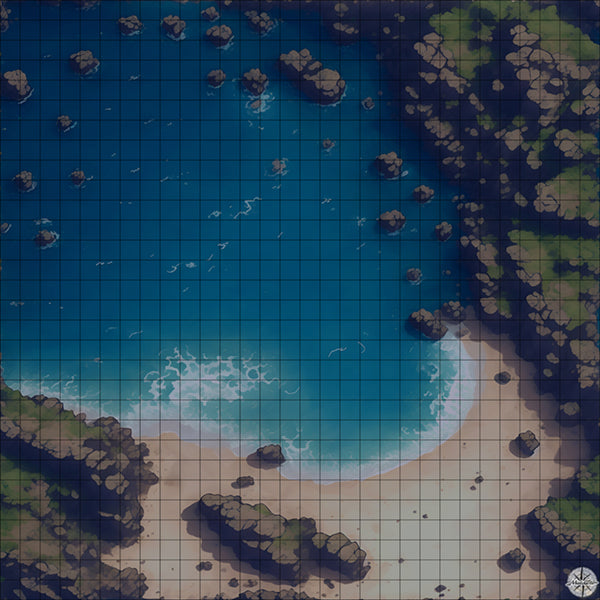 ocean beach with rocky cliffs battle map at Night time