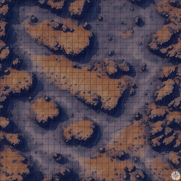 grey desert mountain battle map night time with rain