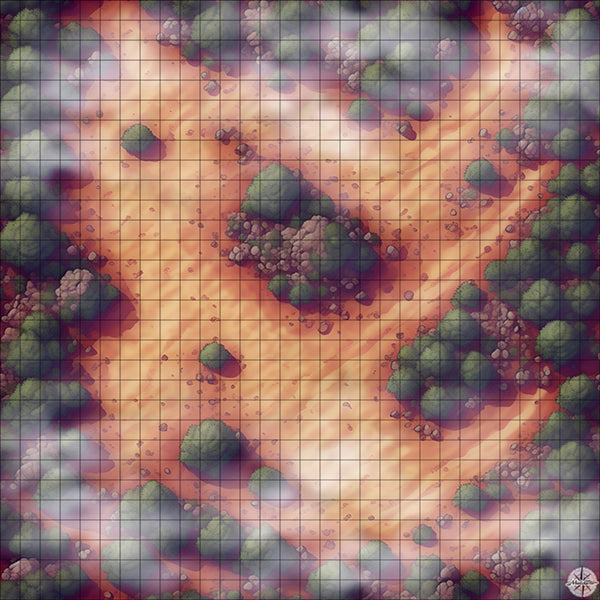 desert clearing with rocks and trees battle map with Mist