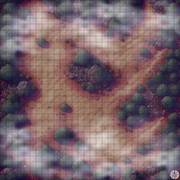 desert clearing with rocks and trees battle map Night time with Mist