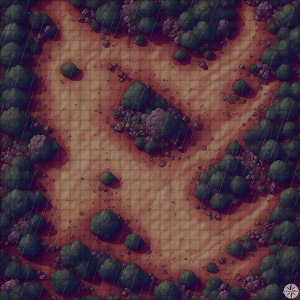 desert clearing with rocks and trees battle map night time with rain