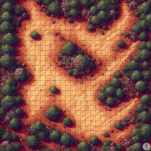 desert clearing with rocks and trees battle map with Rain