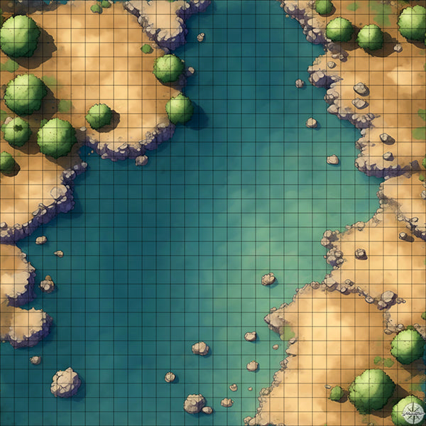 wide rocky river with tiered banks battle map