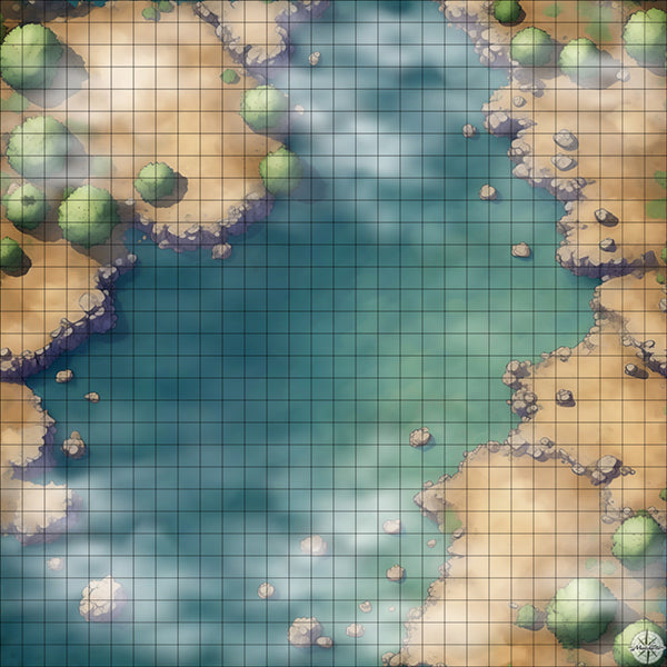wide rocky river with tiered banks battle map with Mist