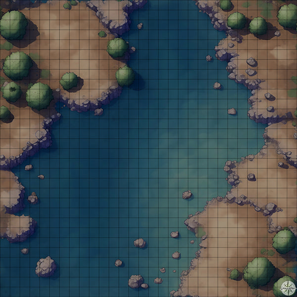 wide rocky river with tiered banks battle map at Night time