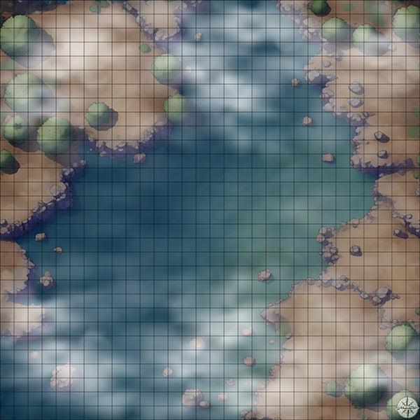wide rocky river with tiered banks battle map Night time with Mist