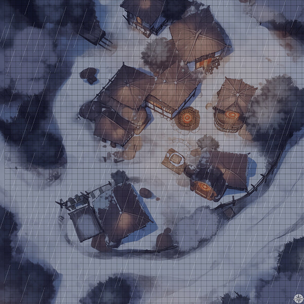 Winter Mountain Village Battlemap Night Rain