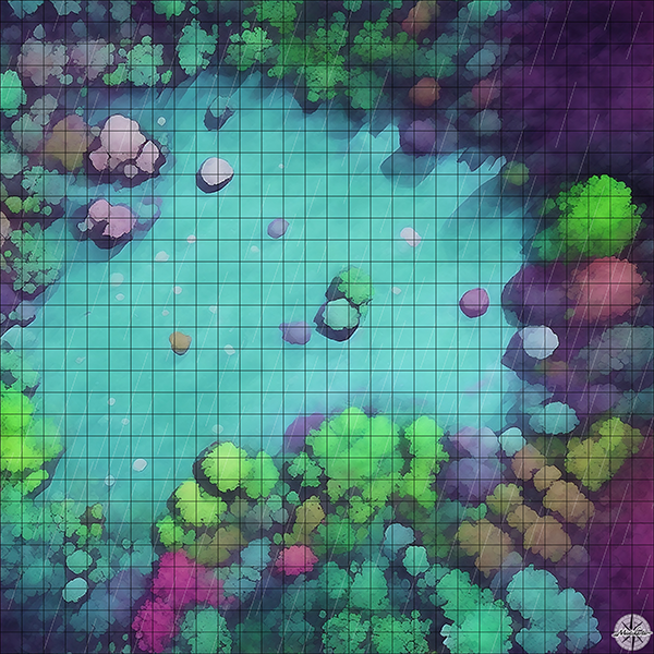 neon fey forest clearing D&D map with Rain