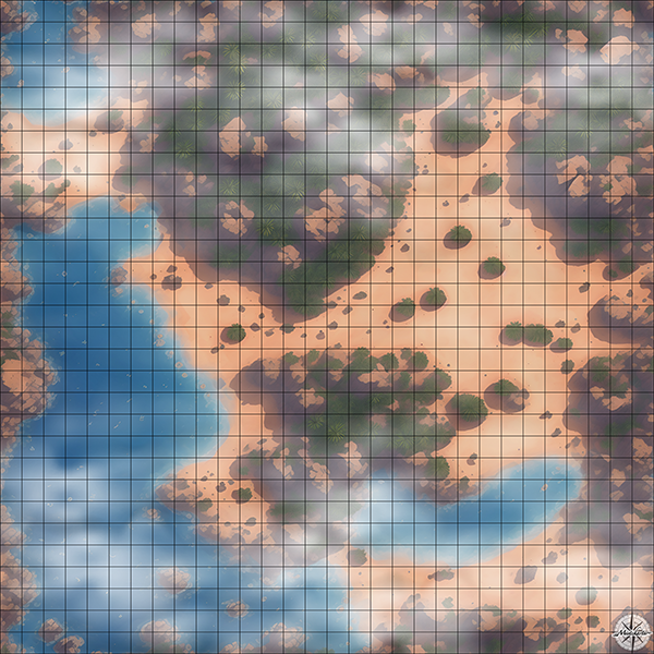 rock beach cove with palm trees D&D map with Mist