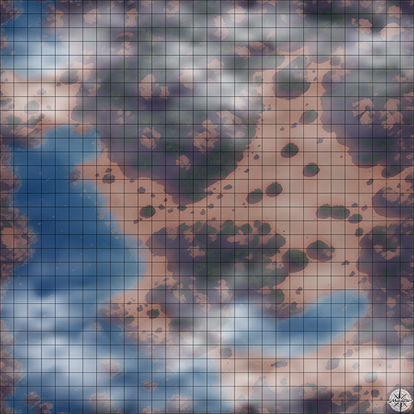 rock beach cove with palm trees D&D map with Night Mist