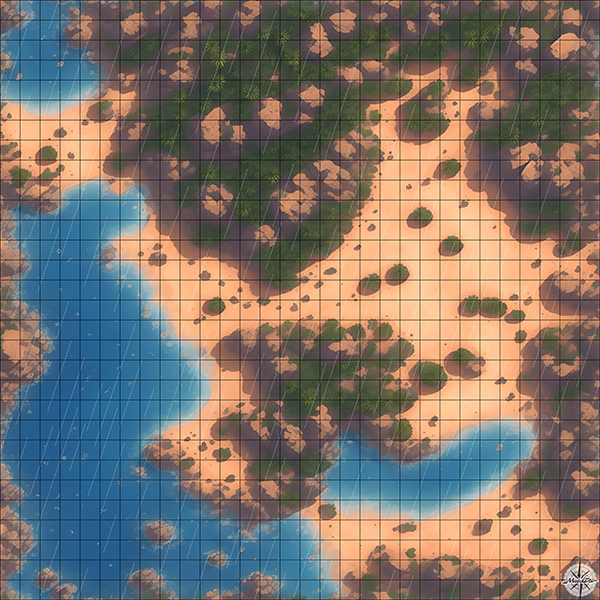 rock beach cove with palm trees D&D map with Rain