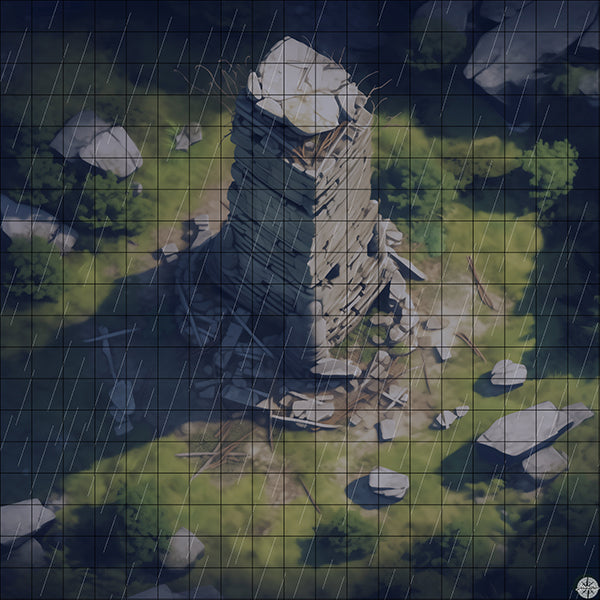 Crumbling Tower Battlemap Night Rain