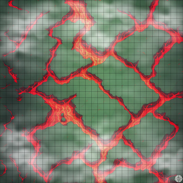 green rocky islands with red lava rivers battle map with Mist