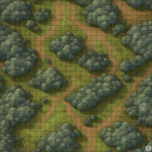 grassy winding forest battle map with Rain