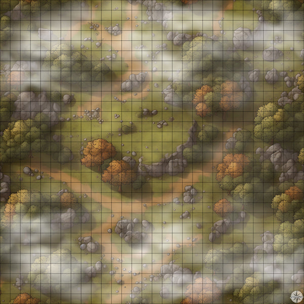 rocky autumn hills with trees battle map with Mist