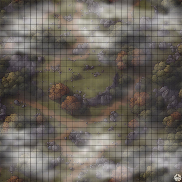 rocky autumn hills with trees battle map Night time with Mist