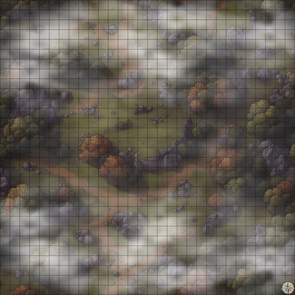 rocky autumn hills with trees battle map Night time with Mist