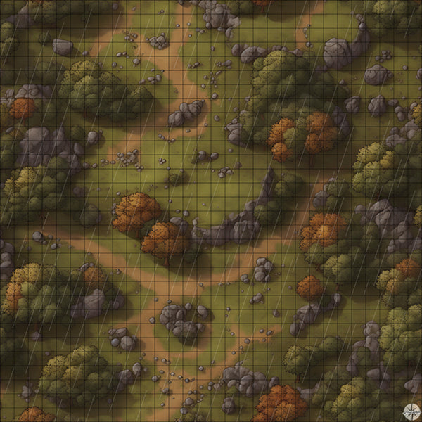 rocky autumn hills with trees battle map with Rain