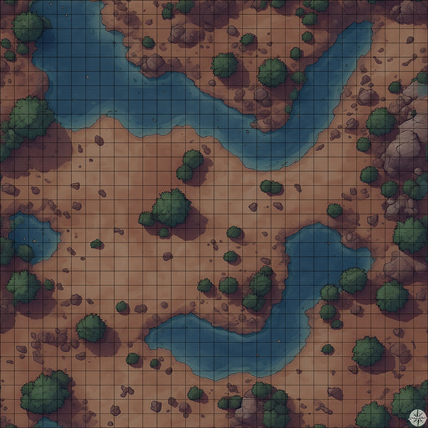 rocky desert pools with trees battle map at Night time