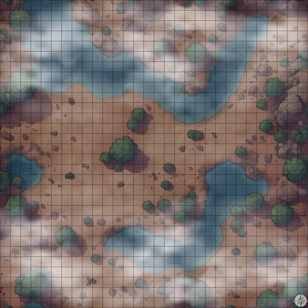 rocky desert pools with trees battle map Night time with Mist