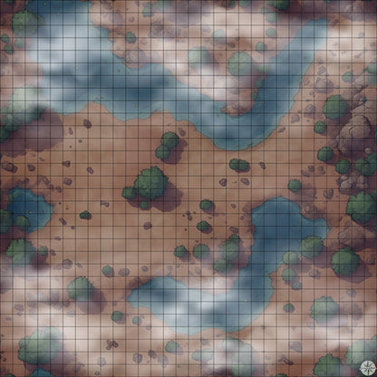 rocky desert pools with trees battle map Night time with Mist