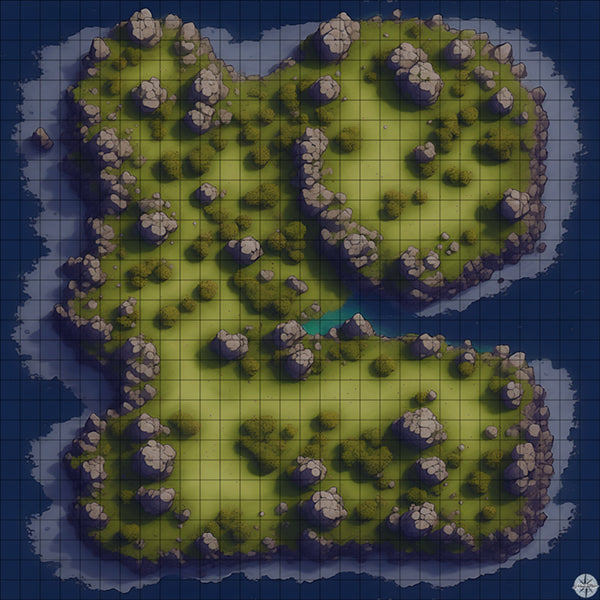 rocky forest island battle map at Night time